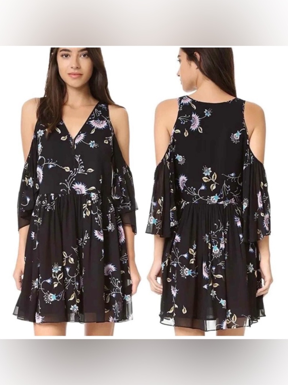 Rebecca Minkoff Floral Cold Shoulder Mini Dress M Black Ruffle Sleeve Boho Chic